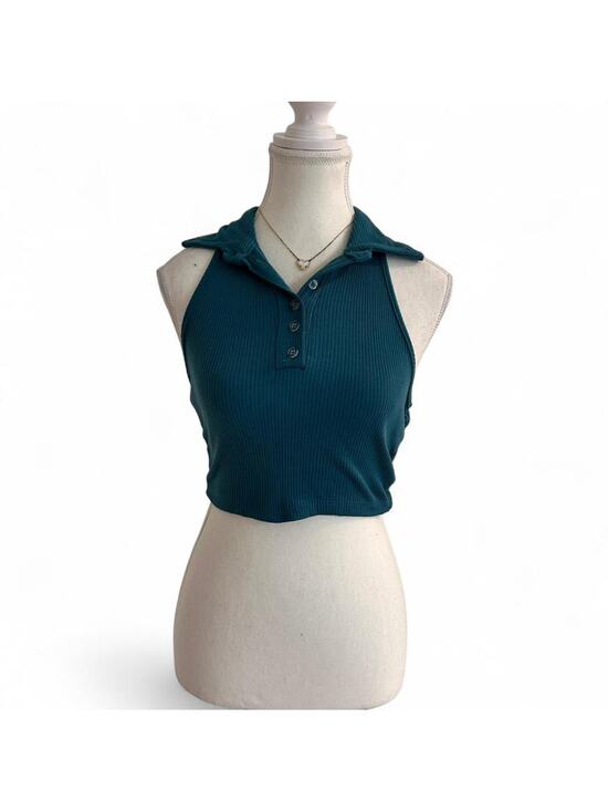 Street Style Store Tops - Street Style Store Size S Blue Collard Casual Button detail Open Back Cropp Top